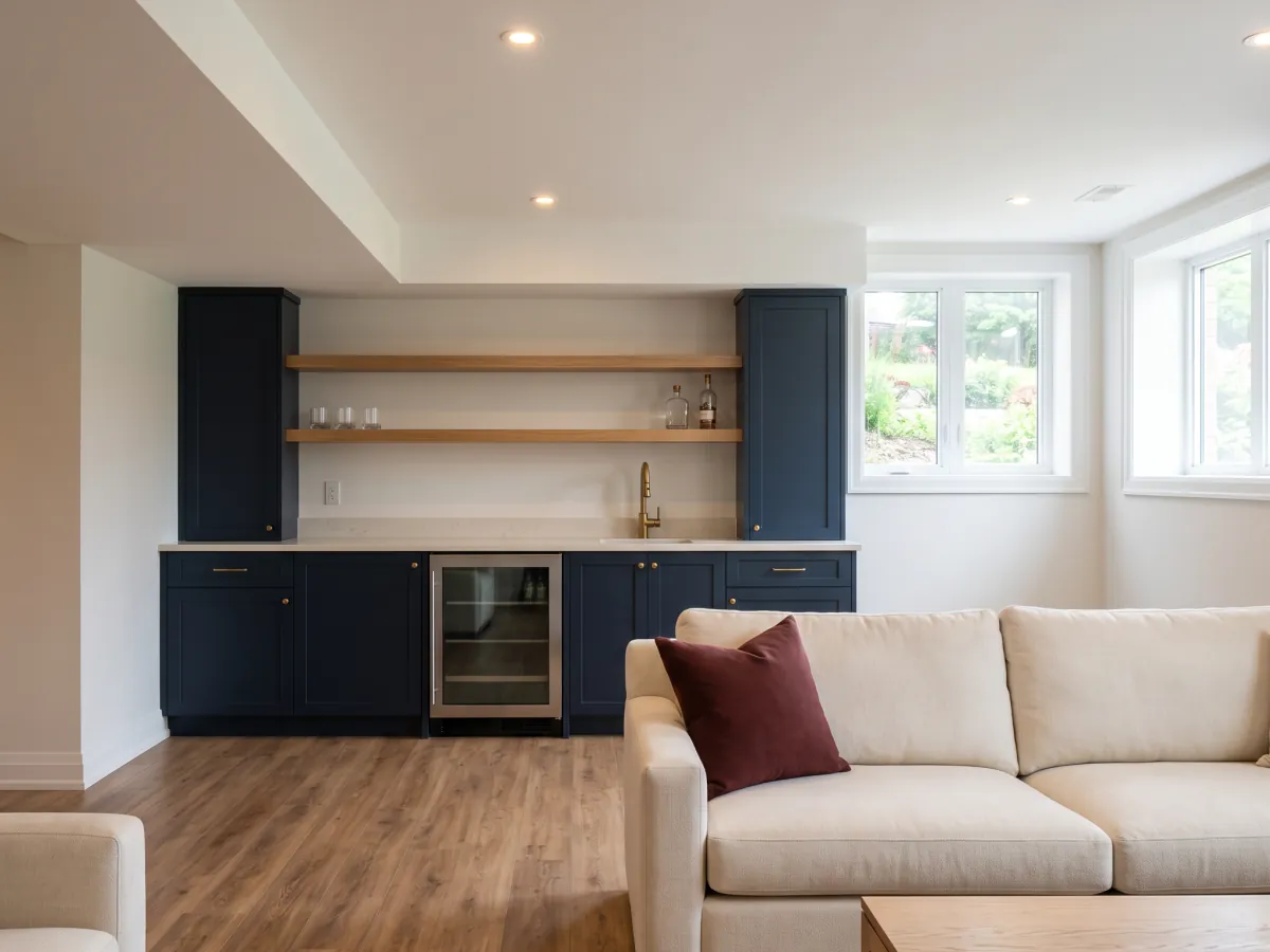 Finished basement room with a wet bar in navy cabinetry, oak shelves and a cream sofa.