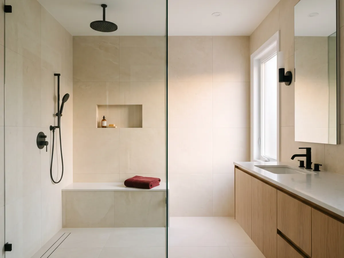 Walk-in shower with a frameless glass panel, large cream stone tile and matte black fixtures.