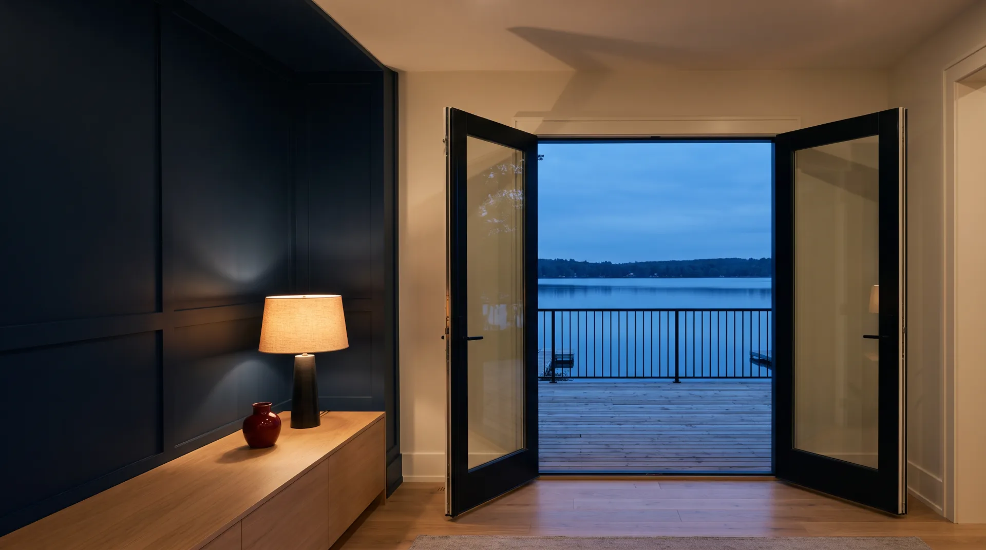 Evening in a renovated living room with navy panelling and a lamp on an oak console, its black French doors swung open onto a new cedar deck, an interlock patio with a lit fire pit and a cedar pavilion in a fenced backyard