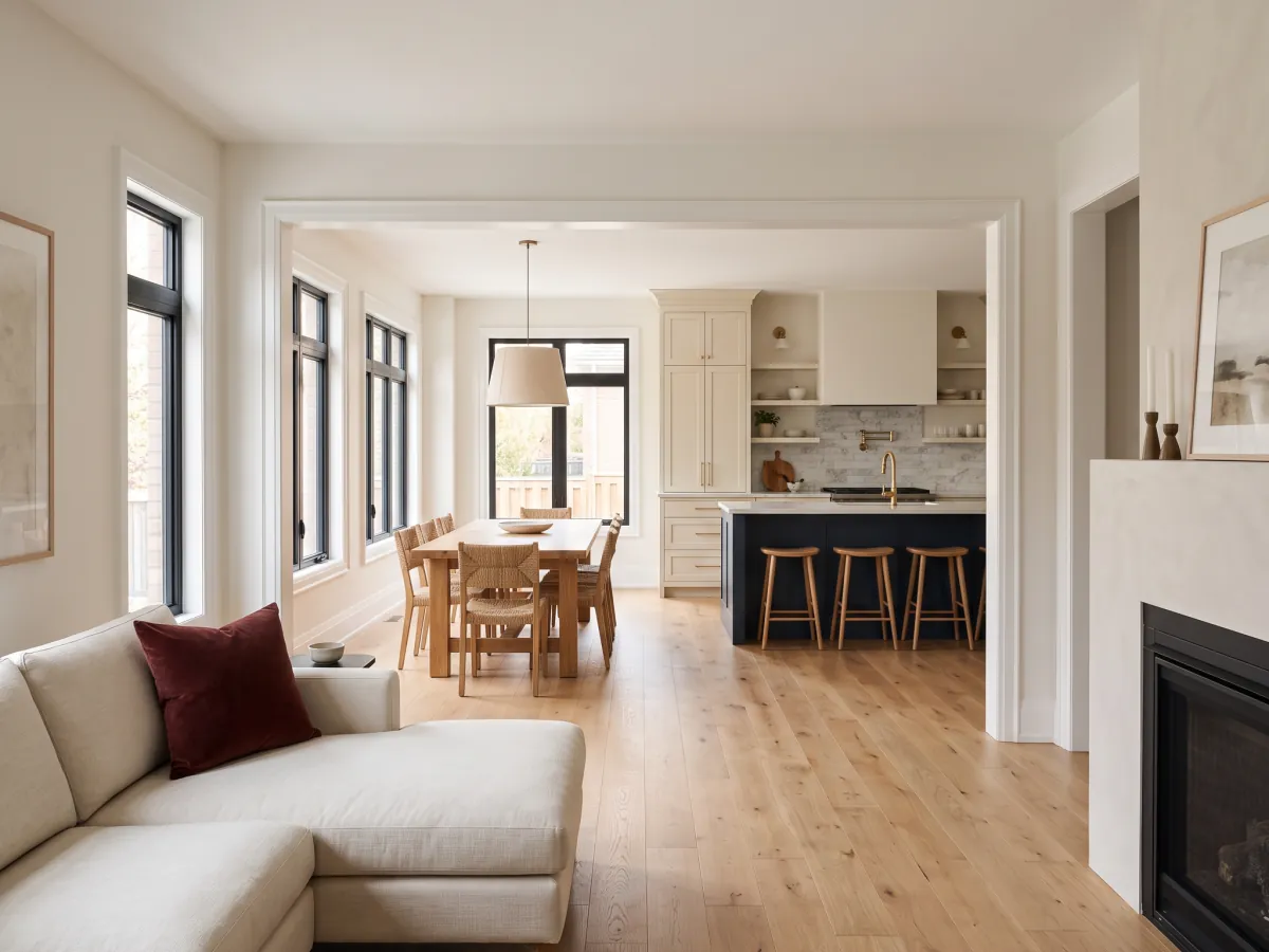 Open main floor with a navy kitchen island, a dining table and a living room on one continuous oak floor.