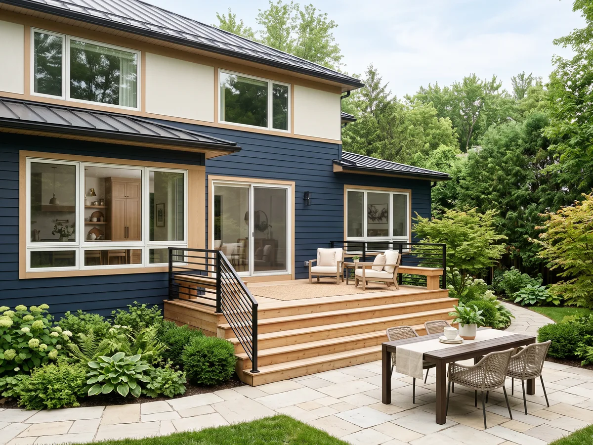 Cedar deck with broad steps and black railings connecting to a pale stone patio and planted garden.