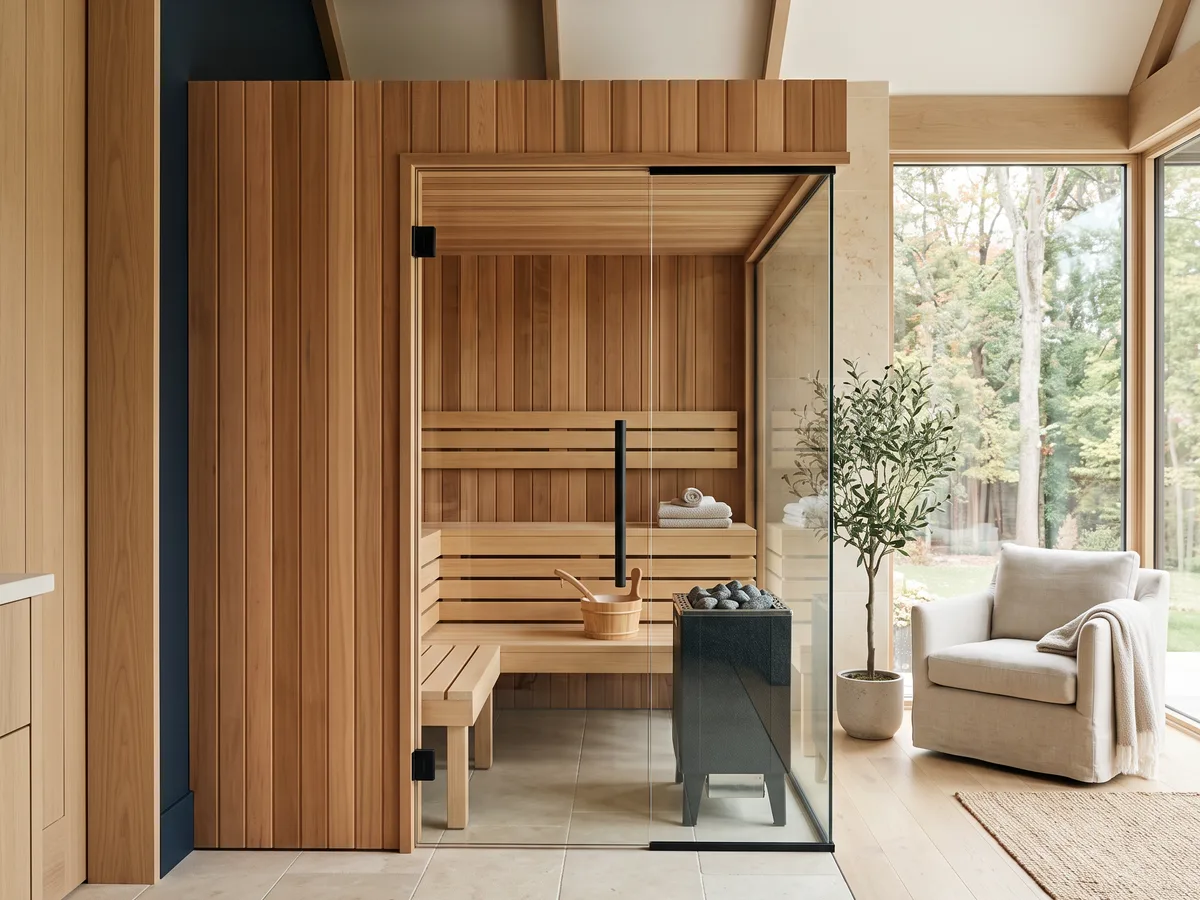 Glass-fronted cedar sauna with two levels of benches and a heater beside a light-filled wellness room.
