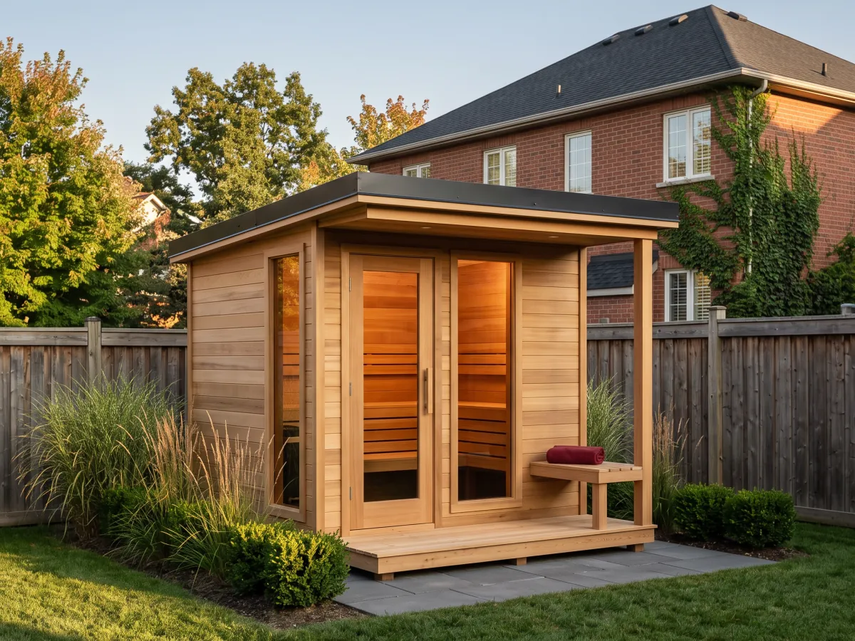 Outdoor cedar sauna cabin with glass doors, standing on grey pavers in a fenced backyard.