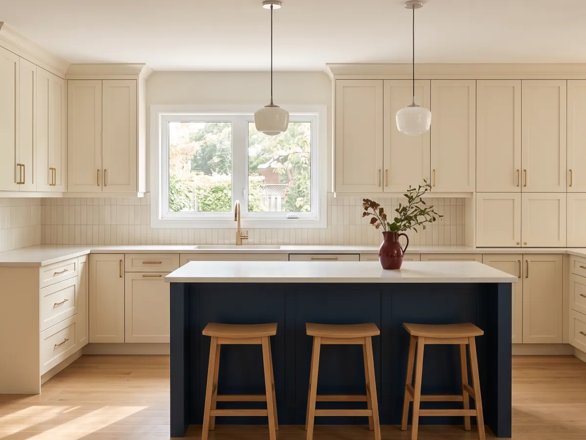 Kitchen with cream shaker cabinetry, a deep navy island with a white stone top and an oak floor.