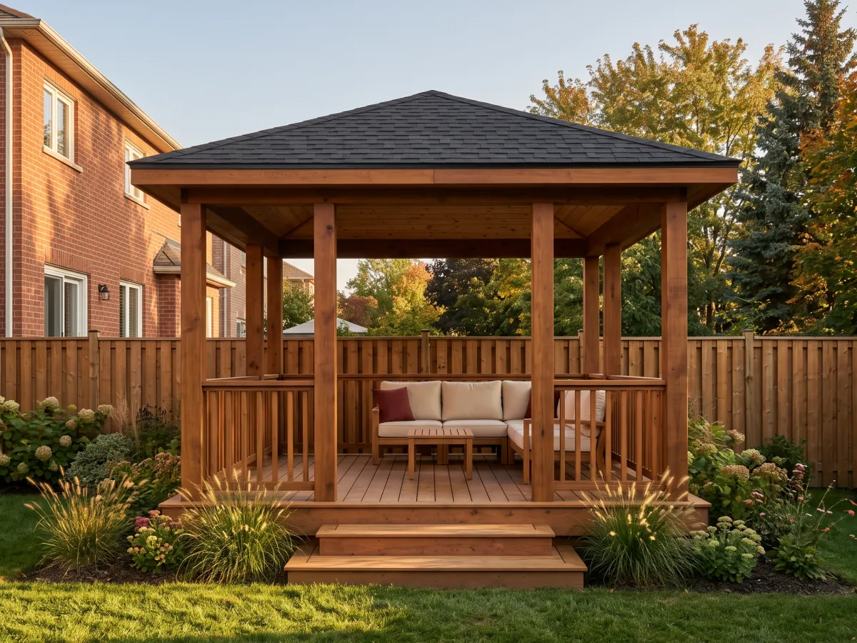 Cedar pavilion with a shingled hip roof and spindle railings, standing on a low deck in a backyard.